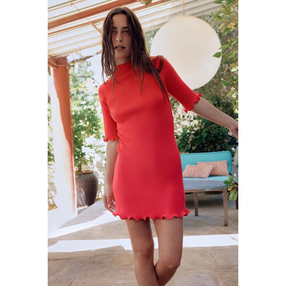 NWT Zara Short Rib Knit Mini Dress Coral Red Size M Sold Out